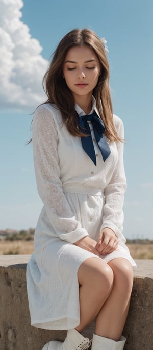 Generate hyper realistic image of a woman with long, flowing blonde hair adorned with bangs and tied elegantly with a red ribbon sits gracefully outdoors. Her eyes are closed, basking in the sunlight under a vast blue sky dotted with fluffy clouds. She wears a dress with long sleeves and boots, a white ascot peeking from her blue jacket. With hands intertwined, she exudes a gentle allure, her hair ribbon gently fluttering in the wind.