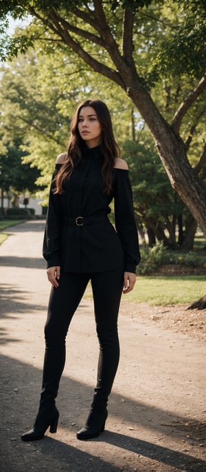 Generate hyper realistic image of a woman with long, flowing brown hair cascading down her shoulders, complementing her striking green eyes. She wears a black shirt with long sleeves, paired with white pants, standing confidently outdoors in the daytime. Accentuating her attire, she sports knee-high black boots, standing beside a majestic tree.,photorealistic
