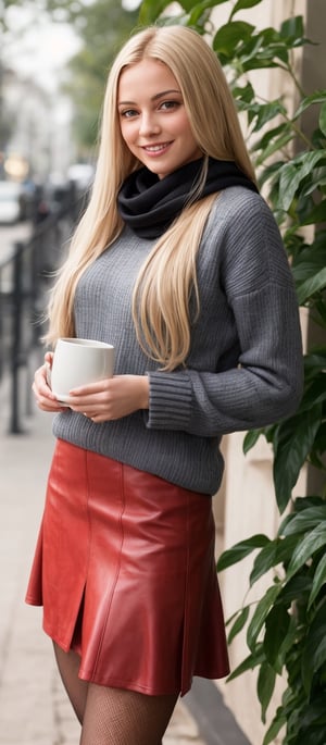 Generate hyper realistic image of a woman with long blonde hair, wearing a black leather skirt and long sleeves, standing gracefully with a subtle head tilt. She's in full body, adorned with pantyhose and boots, a scarf draped elegantly around her neck. Her green eyes sparkle with joy as she holds a cup, her smile radiant. Another woman, in a red skirt, is nearby, surrounded by plants.