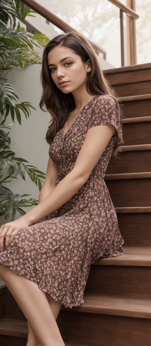Generate hyper realistic image of a woman is sitting on the stairs. She is wearing a short-sleeved floral dress. The woman has her right hand resting on her chin and her left hand hanging by her side. She is looking at the camera with a pensive expression. The woman has long brown hair and light skin. The background is a blurred staircase with wooden handrails.