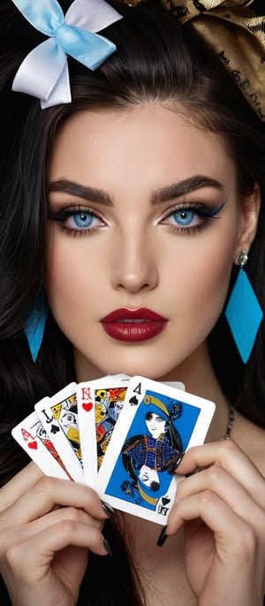 Generate hyper realistic image of a woman with long hair cascading over one eye, her piercing blue eyes locked onto the viewer. She holds a playing card with delicate fingers, showcasing her elegant nail polish. Her hair is styled with a bow, complemented by earrings and a necklace. Streaks of blue and black adorn her hair, adding a unique flair. Fishnet stockings and a tattoo peek out.