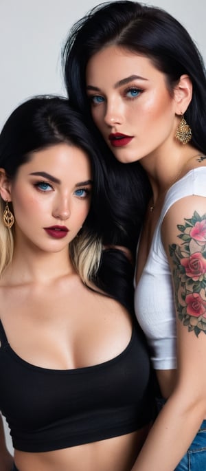 Generate hyper realistic image of two beautiful women, one with long blonde hair and blue eyes, the other with black hair and dark red lips. Both are wearing crop tops and torn pants, revealing their midriffs. The blonde woman has freckles and a shoulder tattoo, while the black-haired woman has an arm tattoo. They are hugging each other, their jewelry and earrings glinting, and they are looking directly at the viewer with a sense of intimacy.
