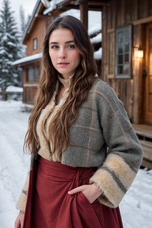 create a hyper realistic image of  natural read hair beauty in nordic village in traditional attire . highly detailed . high_resolution, highly detailed, sharp focus.8k,More Detail,