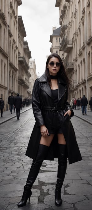 Generate hyper realistic image of a woman in a long, black leather coat with fur collar and cuffs, knee-high boots, and designer sunglasses stands confidently before a classic European building. Her long, dark hair billows in the wind as she strikes a pose. This is fashion photography at its finest, a moment frozen in time, where elegance meets urban chic.
