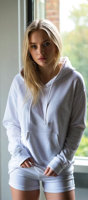 Generate hyper realistic image of a woman with long, blonde hair and piercing blue eyes, standing indoors near a window. She wears white shorts and a hoodie, the drawstring hanging loosely as she lifts her hood slightly, revealing a glimpse of sunlight on her face. With crossed arms and a slight head tilt, she gazes confidently at the viewer, her lips parted in a subtle expression.