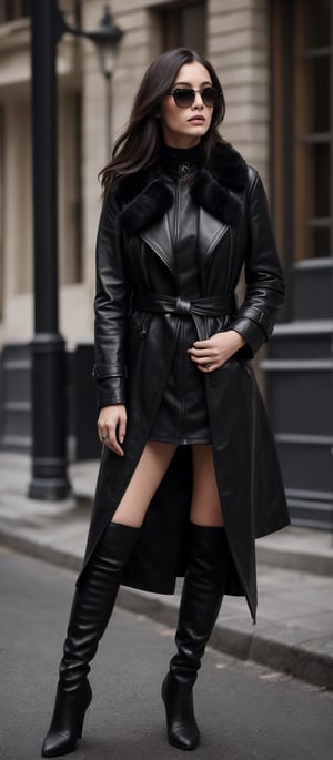 Generate hyper realistic image of a woman in a long, black leather coat with fur collar and cuffs, knee-high boots, and designer sunglasses stands confidently before a classic European building. Her long, dark hair billows in the wind as she strikes a pose. This is fashion photography at its finest, a moment frozen in time, where elegance meets urban chic.