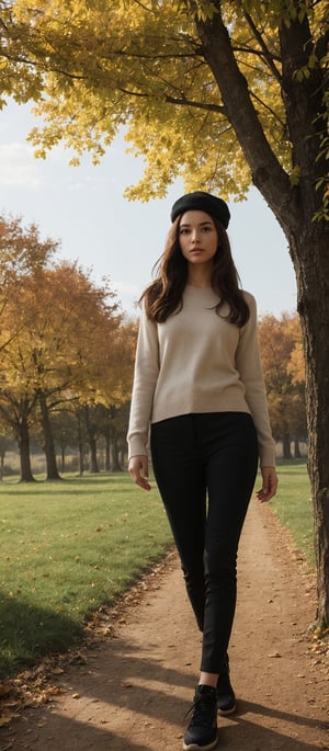 Generate hyper realistic image of a woman standing outdoors, her long brown hair gently swaying in the autumn breeze. She wears a sweater with long sleeves, black pants, and black footwear. A French hat adorns her head, complementing the black headwear. Behind her, a tall tree with leaves turning golden. The air is crisp, and a single leaf flutters down.photorealistic