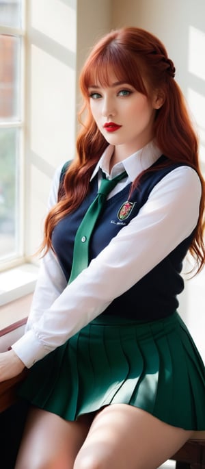 Generate hyper realistic image of a woman with long red hair and bangs, sitting indoors during the day. She is looking at the viewer with her green eyes, wearing a green pleated skirt and a green shirt that shows her navel and underboob. Her arm is up, supporting a book, and she has a braid and red lips. She is dressed in a school uniform with a wristband, sunlight streaming through the window highlighting her figure.