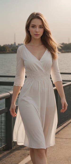 Generate hyper realistic image of a woman with long, flowing blonde hair, wearing a dress with sleeves past her wrists. It's nighttime, and her striking green eyes catch the light. Her cheeks are adorned with a delicate blush, accentuating her pale skin. She stands gracefully on a bridge, showcasing her dress and the elegant curves of her body