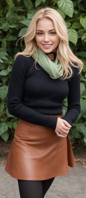 Generate hyper realistic image of a woman with long blonde hair, wearing a black leather skirt and long sleeves, standing gracefully with a subtle head tilt. She's in full body, adorned with pantyhose and boots, a scarf draped elegantly around her neck. Her green eyes sparkle with joy as she holds a cup, her smile radiant. Another woman, in a red skirt, is nearby, surrounded by plants.