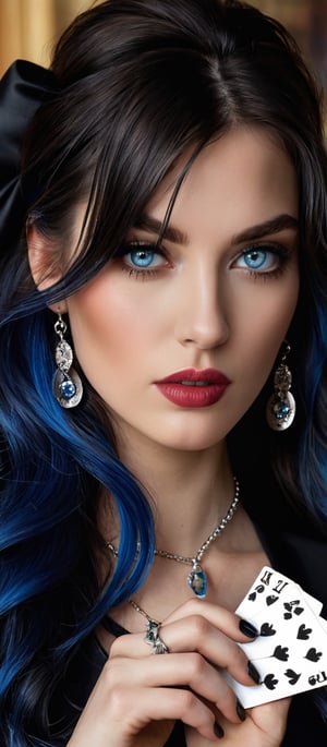Generate hyper realistic image of a woman with long hair cascading over one eye, her piercing blue eyes locked onto the viewer. She holds a playing card with delicate fingers, showcasing her elegant nail polish. Her hair is styled with a bow, complemented by earrings and a necklace. Streaks of blue and black adorn her hair, adding a unique flair. Fishnet stockings and a tattoo peek out.