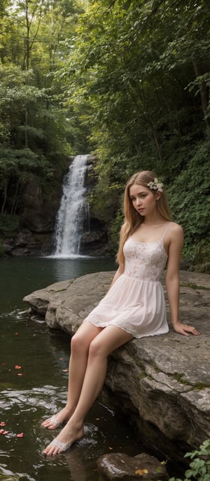 Generate hyper realistic image of an elf woman with long blonde hair and large, brown eyes is sitting on a rock ledge by a pond. She is wearing a pink dress with white lace and white stockings. Her feet are dangling in the water and a few red rose petals are floating on the surface. There are are many red roses in bloom in the background. The scene is set in a green, lush forest. The image has a dreamy and ethereal quality.