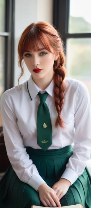 Generate hyper realistic image of a woman with long red hair and bangs, sitting indoors during the day. She is looking at the viewer with her green eyes, wearing a green pleated skirt and a green shirt that shows her navel and underboob. Her arm is up, supporting a book, and she has a braid and red lips. She is dressed in a school uniform with a wristband, sunlight streaming through the window highlighting her figure.