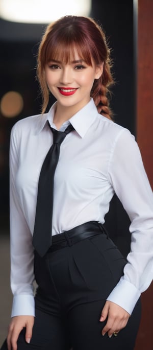 Generate hyper realistic image of a woman with long hair, looking at the viewer with a smile, and bangs framing her light brown eyes. She wears a white shirt with a braid and sidelocks of red hair, under a collared shirt. It's night, and her arms are behind her back. She pairs black pants with a black necktie, her braided ponytail and red lips accentuating her look. Her shirt is tucked into high-waist pants.