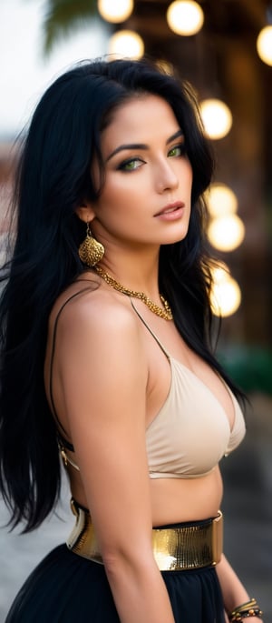Generate hyper realistic image of a woman with long black hair. Her face is partially obscured by a dark veil. She has dark green eyes and is wearing several gold necklaces and bracelets. She is dressed in a black bikini top with a gold belt, and a black skirt that is flowing behind her. The background is out of focus and blurred, but it appears to be a night scene with many glowing lights. The woman is looking down and to the left.