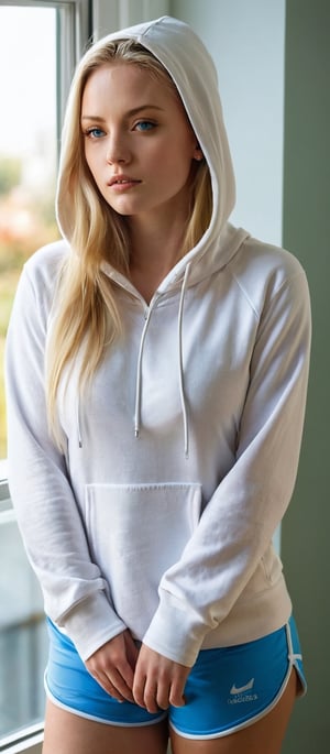 Generate hyper realistic image of a woman with long, blonde hair and piercing blue eyes, standing indoors near a window. She wears white shorts and a hoodie, the drawstring hanging loosely as she lifts her hood slightly, revealing a glimpse of sunlight on her face. With crossed arms and a slight head tilt, she gazes confidently at the viewer, her lips parted in a subtle expression.