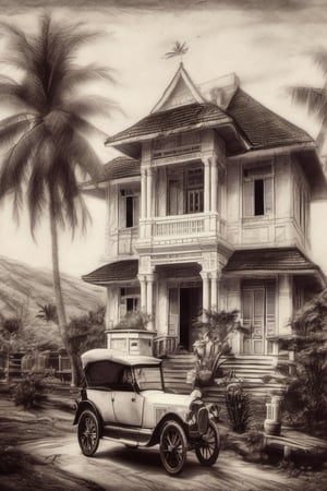 monochrome, outdoors, sky, tree, no humans, traditional media, plant, ground vehicle, building, scenery, motor vehicle, palm tree, car, road, house, vehicle focus,colonial,realistic,best quality,on parchment
