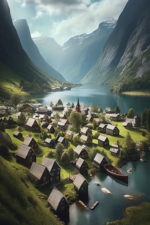 outdoors, sky, day, cloud, water, tree, no humans, cloudy sky, grass, building, nature, scenery, mountain, river, landscape of norway, the land of fjords, trolls and vikings,stunning,highly detailed,8k,best quality