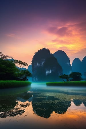 Twilight Tranquility in Tam Coc Bich Dong. Low clouds., Miki Asai Macro photography, "Twilight Tranquility in Tam Coc Bich Dong" captures the essence of serene dusk in the mystical landscapes of Tam Coc Bich Dong, where low-hanging clouds cloak the ancient karst formations in an ethereal embrace,masterpiece by Greg Rutkowski, inspired by the mesmerizing macro photography of Miki Asai,close-up, hyper detailed, trending on artstation, sharp focus, studio photo, intricate details by greg rutkowski, 
,photo r3al