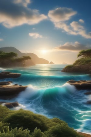 high-quality image of a natural landscape, ocean,trees,wave,bubbles, detailed,stunning views 