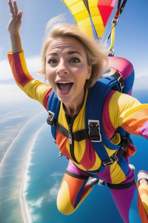 a blonde woman skydiving jumping out of a plane with a colorful parachute looking over the ocean,facial expression