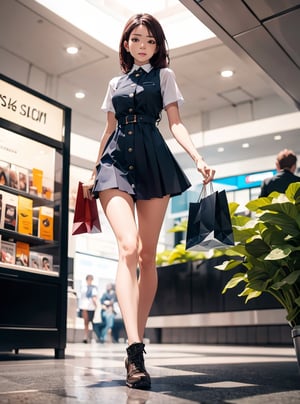 Portrait of a Cowgirl, in the shopping mall, walking,full body,8k, similar face