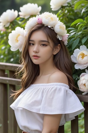 1girl, solo, long hair, brown hair , shirt, hair ornament, brown eyes, white shirt, skirt,peonies flower, short sleeves, outdoors, day, off shoulder, blurry, tree, lips, blurry background,flower basket, watch, realistic, fence, railing, off-shoulder shirt, wristwatch, head wreath,xxmix_girl