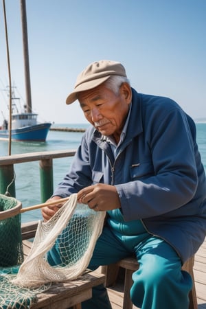 an elderly fisherman, face wrinkled and tanned by the sun, calloused hands, repairs a net on the pier sitting on a chair. you see other fishermen some tourists fishing vessel anchored. clear day, seagulls flying,photo r3al,asian man