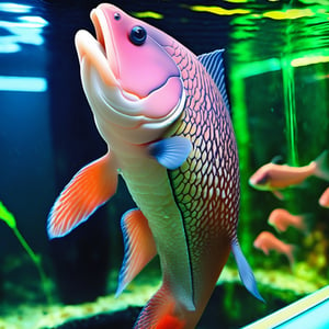 Arapaima fish inside aquarium,very beautiful skin, colourful,detailed,realistic,best quality