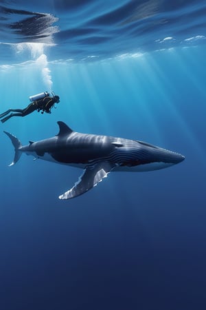 ocean depths showing blue whale in front of a scuba diver, realistic,8k rendered