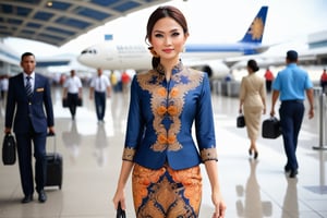 beautiful english stewardess wearing batik kebaya uniform walking at airport,stunning,realistic style,stylish,master detailed
