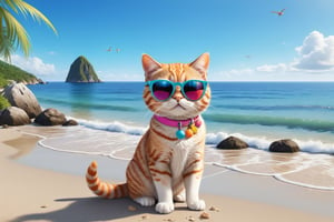 A cute cat wear sunglass standing on its own two legs leasure at seashore, realistic style,ultra colourful