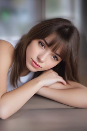 1girl, solo, looking at viewer, bangs, brown hair, shirt, closed mouth, white shirt, upper body, indoors, blurry, lips, head tilt, blurry background, head rest, realistic,Extremely Realistic