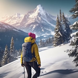 girl, 4k quality,ascending hiking to peak of the mountain,concentrate with her step, snow everywhere, complete equipment,scenic views, alpine trees on background,intricate detailed, cinematic, Realism, eungirl,photo r3al