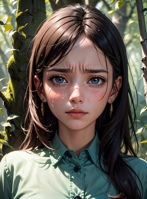 Portrait of a Cowgirl crying, in the forest, 8k, similar face