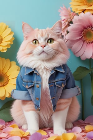 A anthropomorphic cat, wearing denim jacket,beautiful,with large colorful flowers on a background of giant pastel colored flower petals, perfect body shape, cute pose, bright light blue sky, photorealistic portraits in the style of giant pastel colored flower petals, light purple green pink yellow colors, solid color backgrounds, hyper realistic photography, romantic charm, cute cartoonish designs
,photo_b00ster