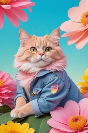 A anthropomorphic cat, wearing denim jacket with smartwatch,beautiful,with large colorful flowers on a background of giant pastel colored flower petals, perfect body shape, cute pose, bright light blue sky, photorealistic portraits in the style of giant pastel colored flower petals, light purple green pink yellow colors, solid color backgrounds, hyper realistic photography, romantic charm, cute cartoonish designs
,photo_b00ster