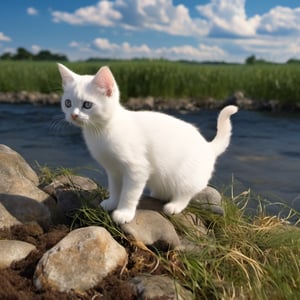 Stones on the river bank, a few grasses on a short step, standing a white kitten looking ahead, the kitten's ears are black, the tail is black, the sky is blue with a few white clouds, Japanese Miyazaki Hayao style,8k,