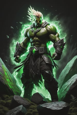 Charcoal drawing, crayons, A stunning 3D render of Kael, an earth-based warrior. His body is crafted from rugged stone and lush green moss, with veins of glowing emerald energy pulsing through him. He swings a massive stone hammer with precision, creating a powerful shockwave of debris and energy. A contour light effect outlines his form, set against an inky black void. A green luminescence illuminates him from behind, making the scene vibrant and dynamic, with fragments of rock and dust adding to the overall intensity., 3d render