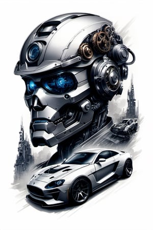 Tattoo sketch, double exposure. high quality, high detail, painting suggests it is a mechanical creation, masterpiece, best quality, ultra realistic detail. Science fiction.
Steampunk robot mechanic.  Car repair. Legendary cars. White background.