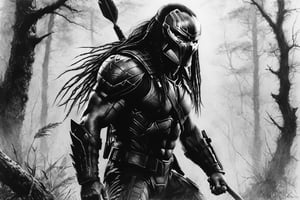 Charcoal drawing, crayons, black pencil drawing, pencil drawing, black and white drawing, graphite drawing,
Poster, close-up, Predator (2018 film), "Predator's Gaze: Shrouded in Mist", full-length in motion, bottom-up view, the fearsome appearance of the iconic hunter from the sophistication of Weta Digital, shrouded in clouds of mysterious smoke in an ancient forest, presented in stunning hyperrealism
Art by Andrey Atroshenko