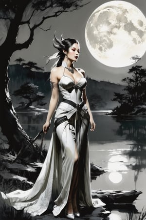 Charcoal drawing, crayons, Priestess of the moon goddess,sultry,pale,with a dark fantasy illustration against a large moon in a glade with a lake, in the style of Yoji Shinkawa. Dragon Age concept art.