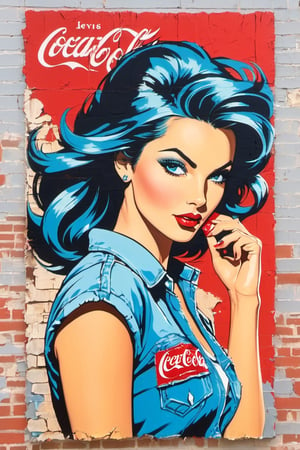 painting of a woman on a tattered building wall, graffiti, pop art painting by Pamela Asherson, street art, vintage Levi's ad, Coca-Cola logo, j. Scott Campbell, 1950s, 
American tourism
