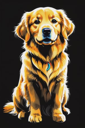 Charcoal drawing, crayons, A captivating line art illustration featuring a chibi, anime-style golden retriever glowing with vibrant fluorescent and phosphorescent colors. The golden retriever's sleek fur and playful eyes are accentuated by the striking contrast of the bright colors against the ultra-black background. The design exudes a sense of playfulness and curiosity, drawing the viewer in with its kawaii, anime-inspired aesthetic. The luminous presence of the golden retriever against the darkness creates a mesmerizing effect, making it a visually engaging and enchanting piece.