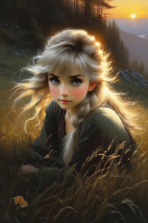 Poster, close-up, Full body, Shadow art,rpg character concept art, anime key visual of elegant young female, platinum blonde straight bangs, with amber eyes, finely detailed perfect face delicate features directed gaze, 
laying down in the grass at sunset in a valley, trending on pixiv fanbox, studio ghibli, extremely high quality artwork
style of Jean Baptiste Monge, Thomas Kinkade, David Palumbo, Carne Griffiths.