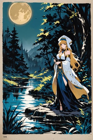 Charcoal drawing, crayons, Priestess of the moon goddess,sultry,pale,with a dark fantasy illustration against a large moon in a glade with a lake, in the style of Yoji Shinkawa. Dragon Age concept art.