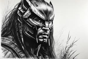 Charcoal drawing, crayons, black pencil drawing, pencil drawing, black and white drawing, graphite drawing,
Poster, close-up, Predator (2018 film), "Predator's Gaze: Shrouded in Mist", full-length in motion, bottom-up view, the fearsome appearance of the iconic hunter from the sophistication of Weta Digital,