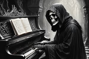 Charcoal and chalk drawings. Thumbnail image on YouTube, text "Melancholy Piano". Exquisitely detailed, dark fantasy illustration depicts Death playing the piano in a dimly lit underworld. The hollow eye sockets of the skeletal figure stare at the viewer, drawing them in with eerie intensity. The intricate patterns on his robe contrast with shiny ivory keys, dark fantasy, typography, illustration, poster, concept art, cinematic
painting workshop in the style of Anders Zorn, Alexi Briclot, Luis Royo,