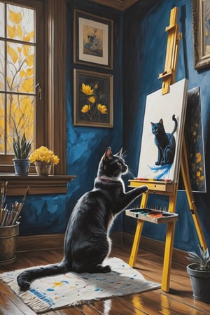 Charcoal drawing, crayons, A captivating cinematic scene takes place in a charming artist's studio. A remarkably skilled black kitten, standing upright on its hind legs, wields a paintbrush with masterful precision. The cat's intense concentration is evident as it delicately paints a lifelike portrait of a panther on a canvas, suspended from a star-shaped clip on a wooden easel. The vibrant atmosphere is enhanced by the cozy studio, featuring a cheerful yellow stool and walls painted in a rich, inviting blue hue., cinematic, vibrant