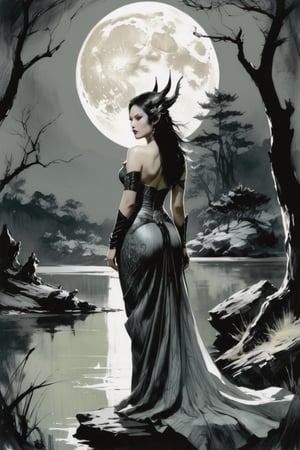 Charcoal drawing, crayons,Priestess of the moon goddess,sultry,pale,with a dark fantasy illustration against a large moon in a glade with a lake, in the style of Yoji Shinkawa. Dragon Age concept art.